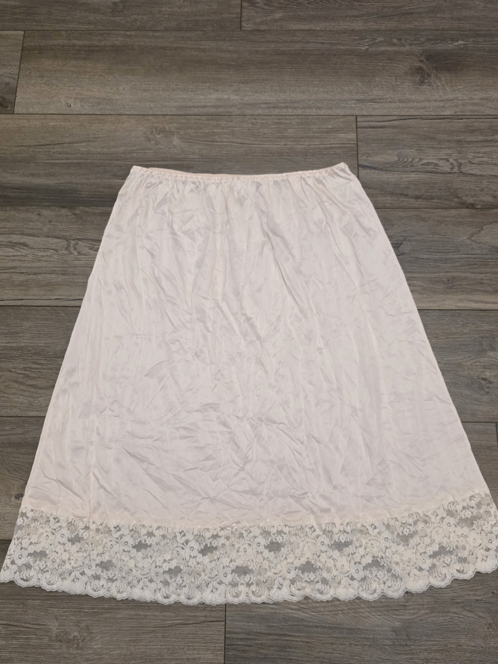 Vintage Blush Pink Satin Midi Half Slip Skirt with Wide Floral Lace Trim Size 18